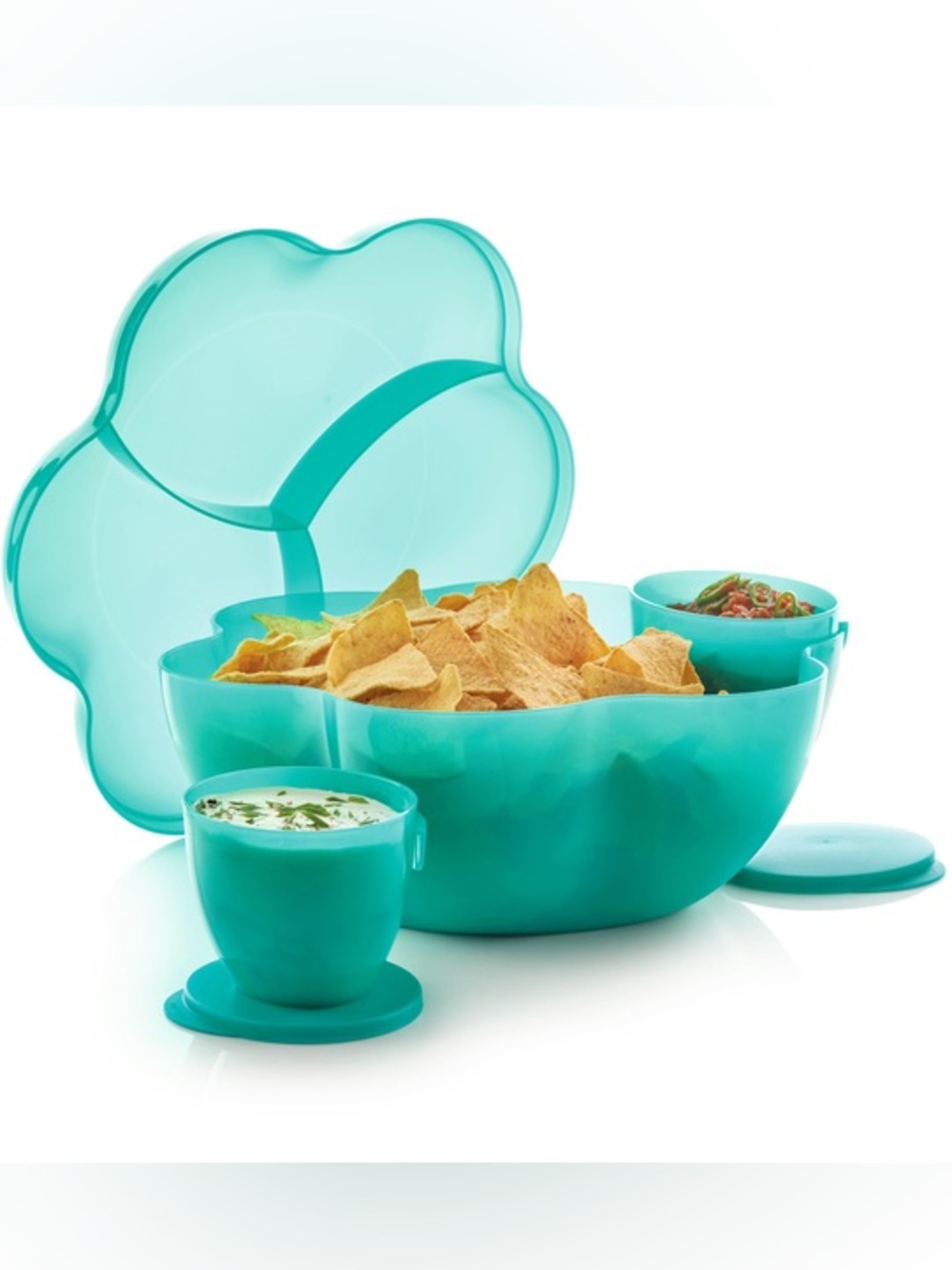 Vtg Tupperware TupperWave Teal Flower Serving Set w/ Lids (3 Pc)